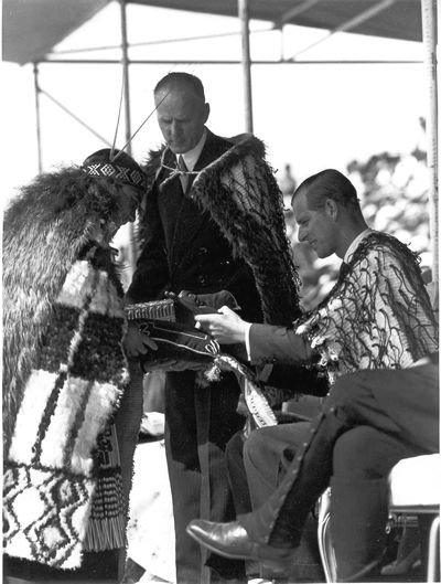 Maori reception of Royal couple at Rotorua, 1954