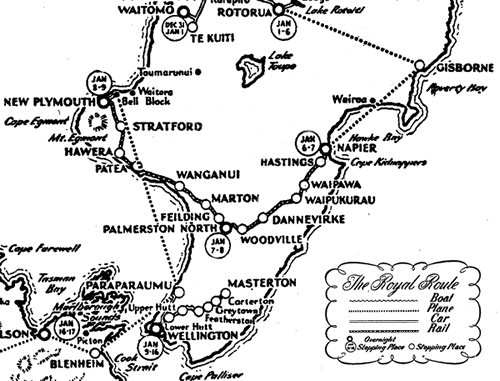 Royal visit route map, Gisborne-Wellington, 1953-54