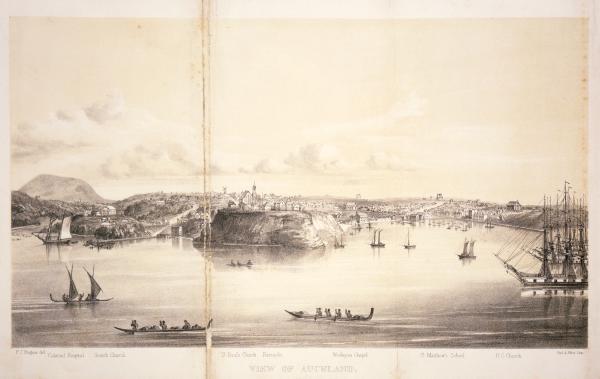 Painting showing ships around early Auckland 