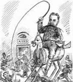 Cartoon of politician presented as  cowboy with whip