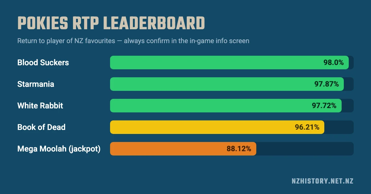 Pokies RTP leaderboard for NZ players: Blood Suckers 98%, Starmania 97.87%, White Rabbit 97.72%, Book of Dead 96.21%, Mega Moolah 88.12%