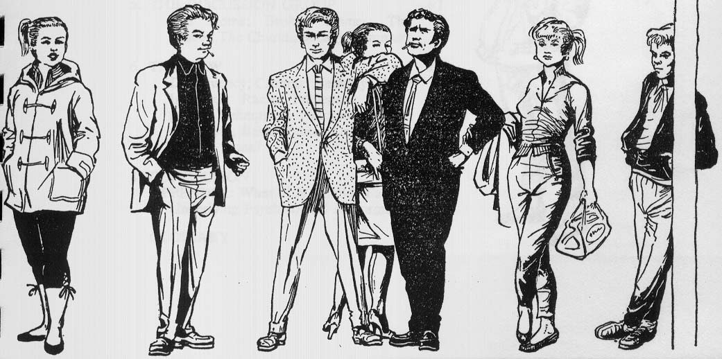 Bodgies standing round - cartoon