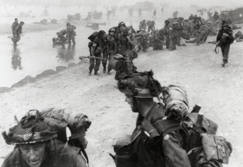 British troops struggling ashore on D-Day