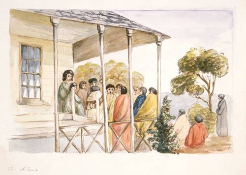 Maori meeting at European house, 1840s