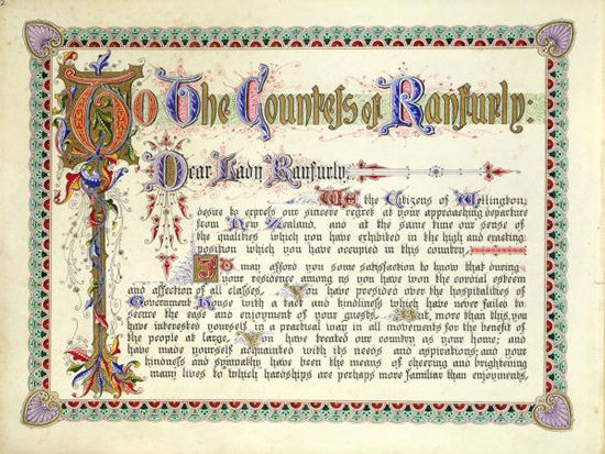 Decorative farewell notice to Lady Ranfurly from the 'citizens of Wellington'