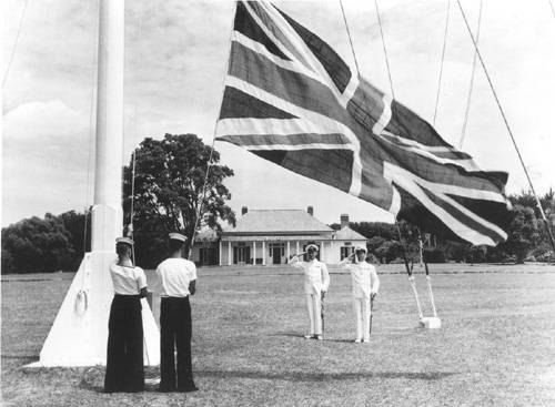 Flag ceremony  in front of treaty house (30k)